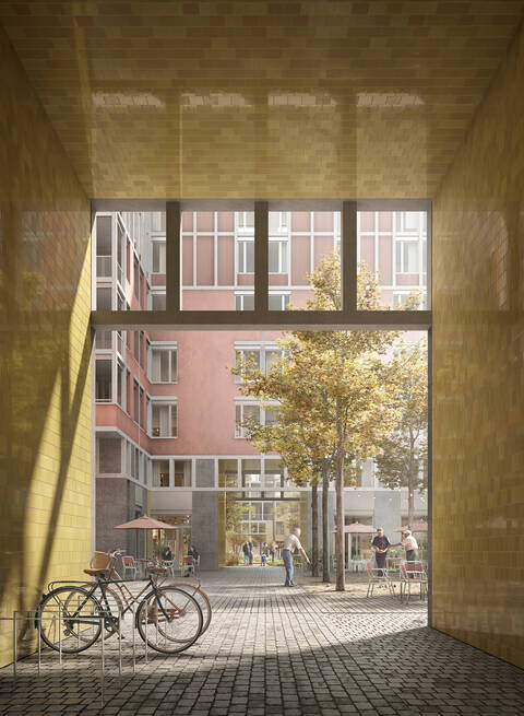 Die Durchgänge als Schwellen zwischen Strasse und Siedlung - Visualisierung: Filippo Bolognese Images