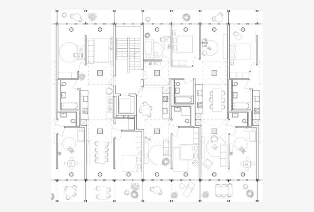 Grundriss 1. Obergeschoss, Wohnungen im Bestand mit Pilzstützen